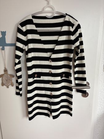 🖤 Robe marinière noir & blanc en soie – Boutons dorés – S/M