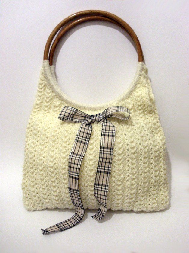 Borse da donna: Neu! Tasche gestrickt, Vanille hell mit Karoschleife – Nuovo e nell'imballaggio originale da Ostermundigen venduto da BagsAndMore