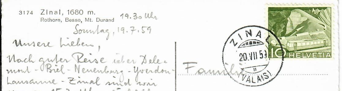 Ansichtskarten: Zinal 1959 – Gebraucht aus Hochdorf von Ziegel-16 1