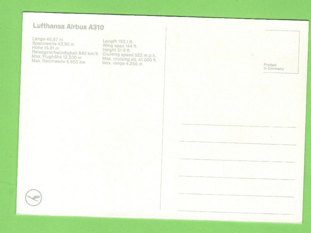 Cartoline postali: Lufthansa Airbus A310 – Usato da Zürich venduto da t24_de 1
