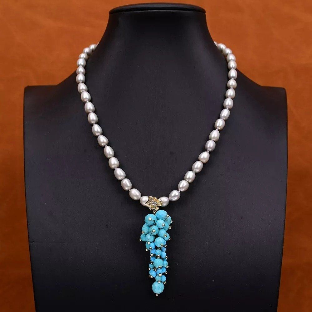 Ketten: Türkis Grau Perlen Kette Collier Perle Turquoise Perlenkette – Neu (gemäss Beschreibung) aus Prilly von ilyria73 1