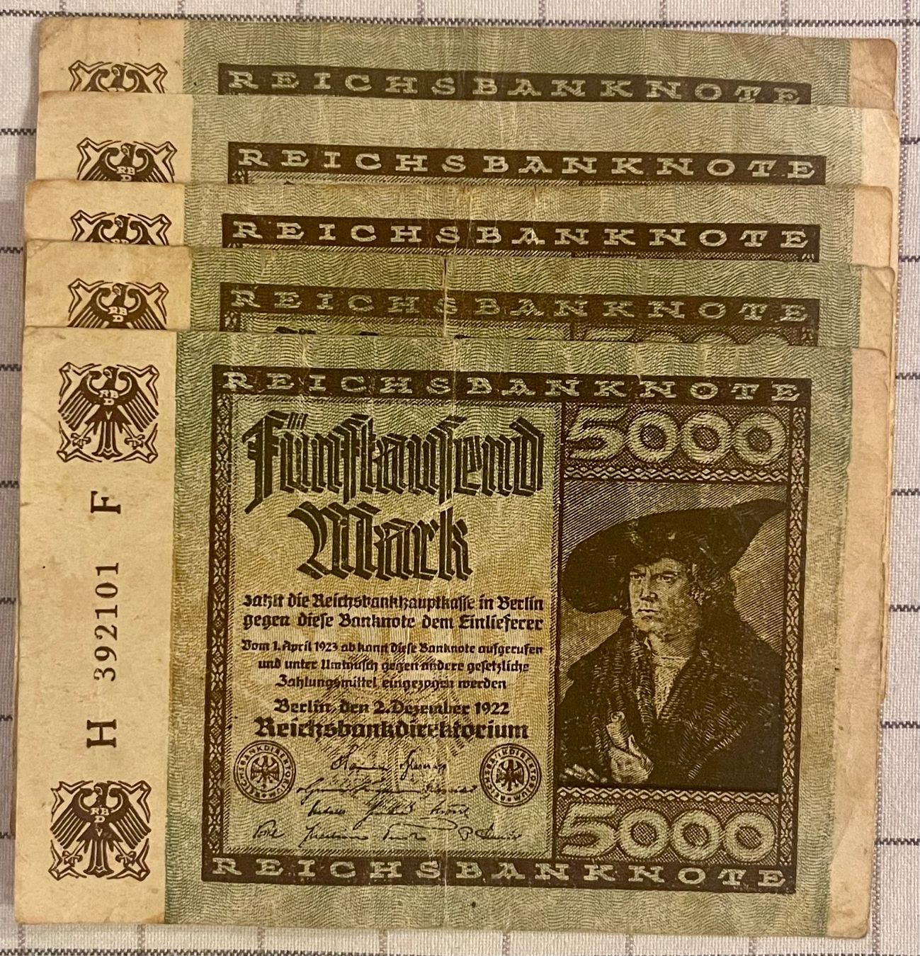 Banknoten: 5000 Reichsmark 1922 5 Stück – Gebraucht aus Dättwil AG von