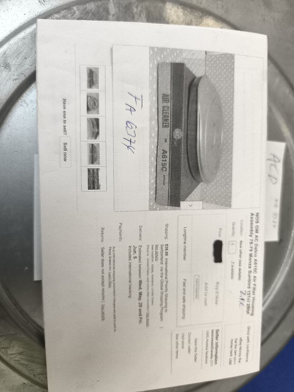 Tutti pezzi di ricambio auto: Luftfilter mit gehäuse Chevy Monza Vega ACD A 615c FA6374 – Nuovo (secondo la descrizione) da Oberwil b. Zug venduto da Gto469 4