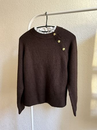 Pull maille marron col blanc broderie Waikiki, t.M