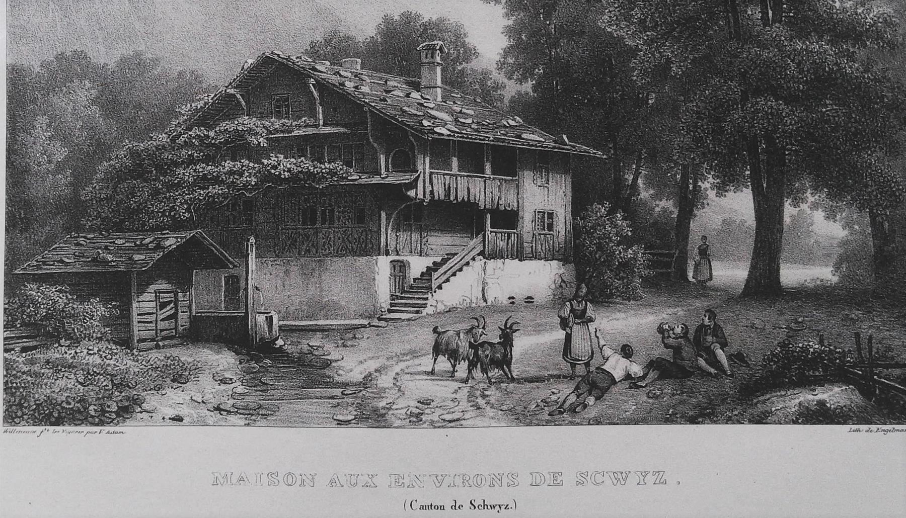 Stiche: Schwyz Bauernhaus Litho von Engelmann – Gebraucht aus Rafz von Helvet32 1