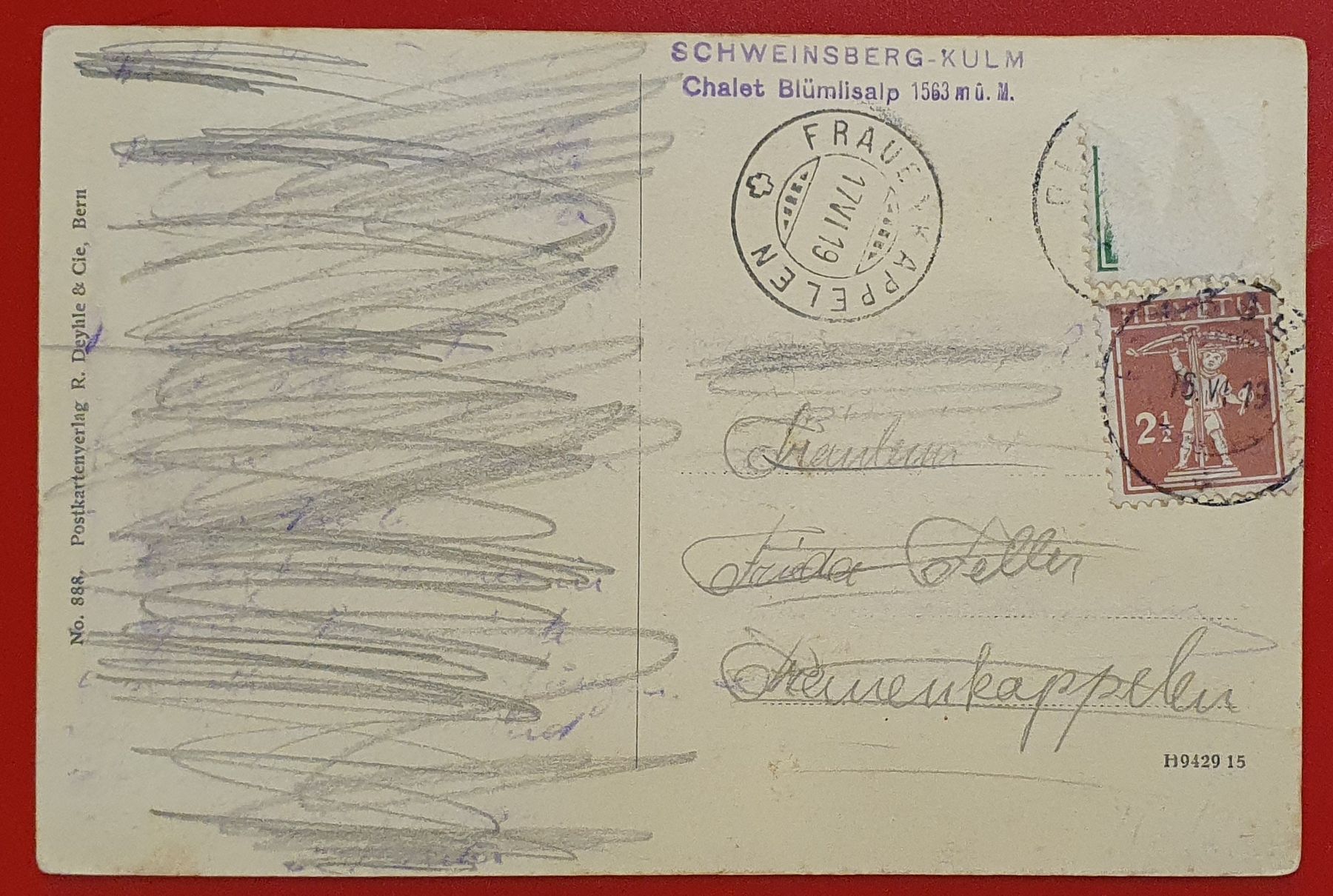 Cartoline postali: Chalet Blümlisalp-Schweinsberg, 1919 – Usato da Kreuzlingen venduto da Rschweiz1 1