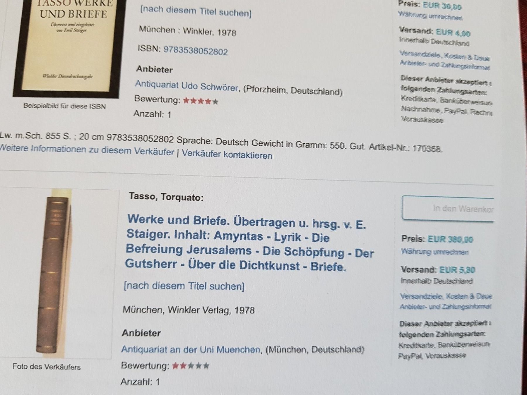 Libri: WERKE UND BRIEFE TORQUATO TASSO – Usato da zürich venduto da gabab 2
