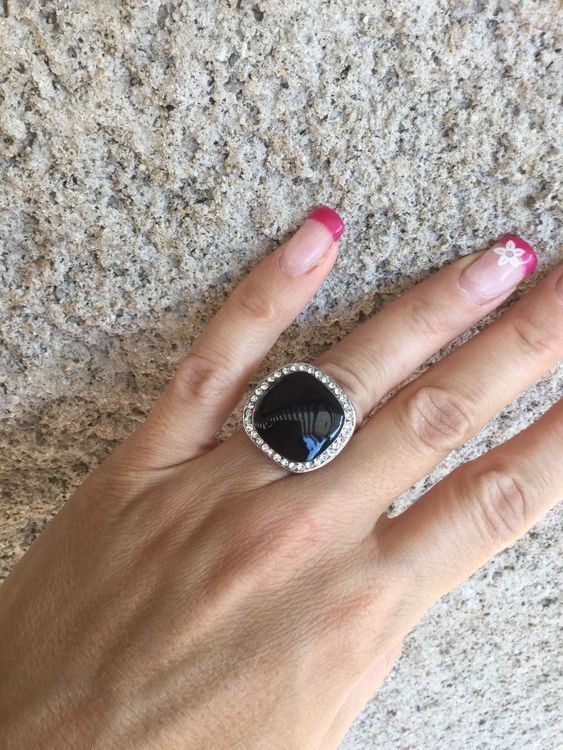 Bague Gothique Noire Ajustable Avec Cabochon Strass - Taille Réglable 54 à 64, Femme