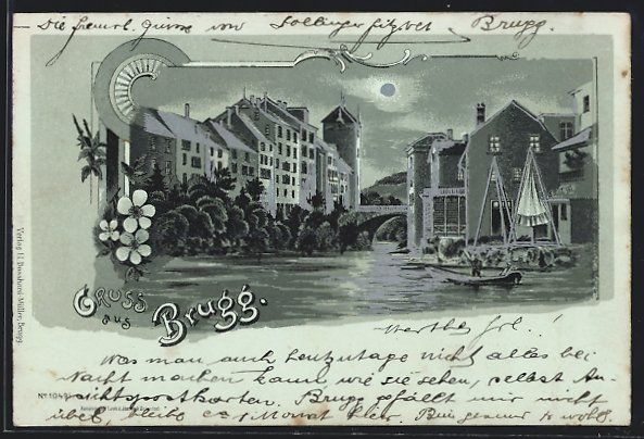 Ansichtskarten: Mondschein-Lithographie Brugg, Uferparti – Gebraucht aus Berlin von bartko-reher