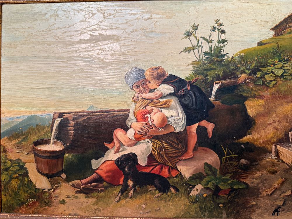 Gemälde: Mutter mit Kindern in den Alpen, signiert. AF | Kaufen auf Ricardo