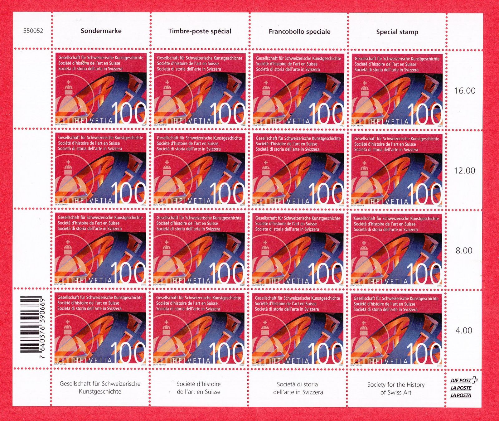 Tutti i francobolli: 2020  Bogen  Kunstgeschichte  ** Postfrisch **  16x1Fr. – Nuovo (secondo la descrizione) da Adliswil venduto da Aenti