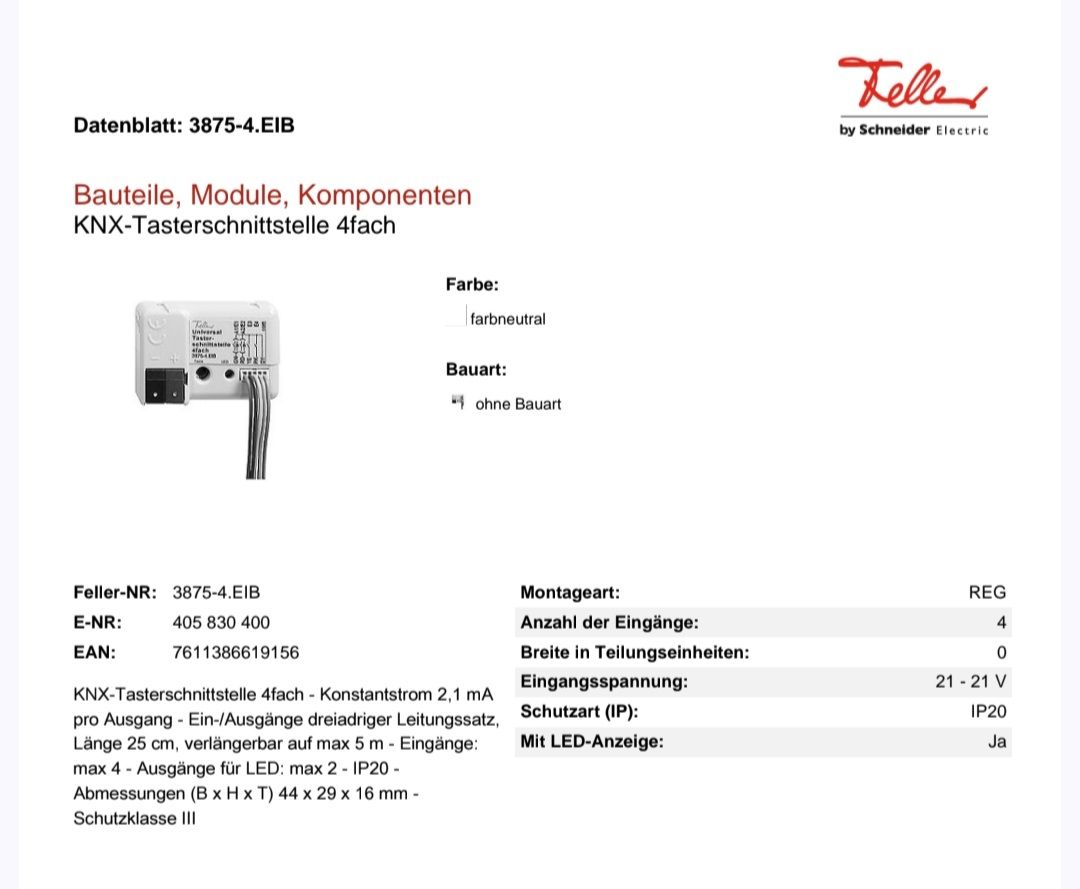 Feller Componenti elettronici: Feller KNX-Tasterschnittstelle 4fach – Nuovo e nell'imballaggio originale da Chur venduto da Sihar 1