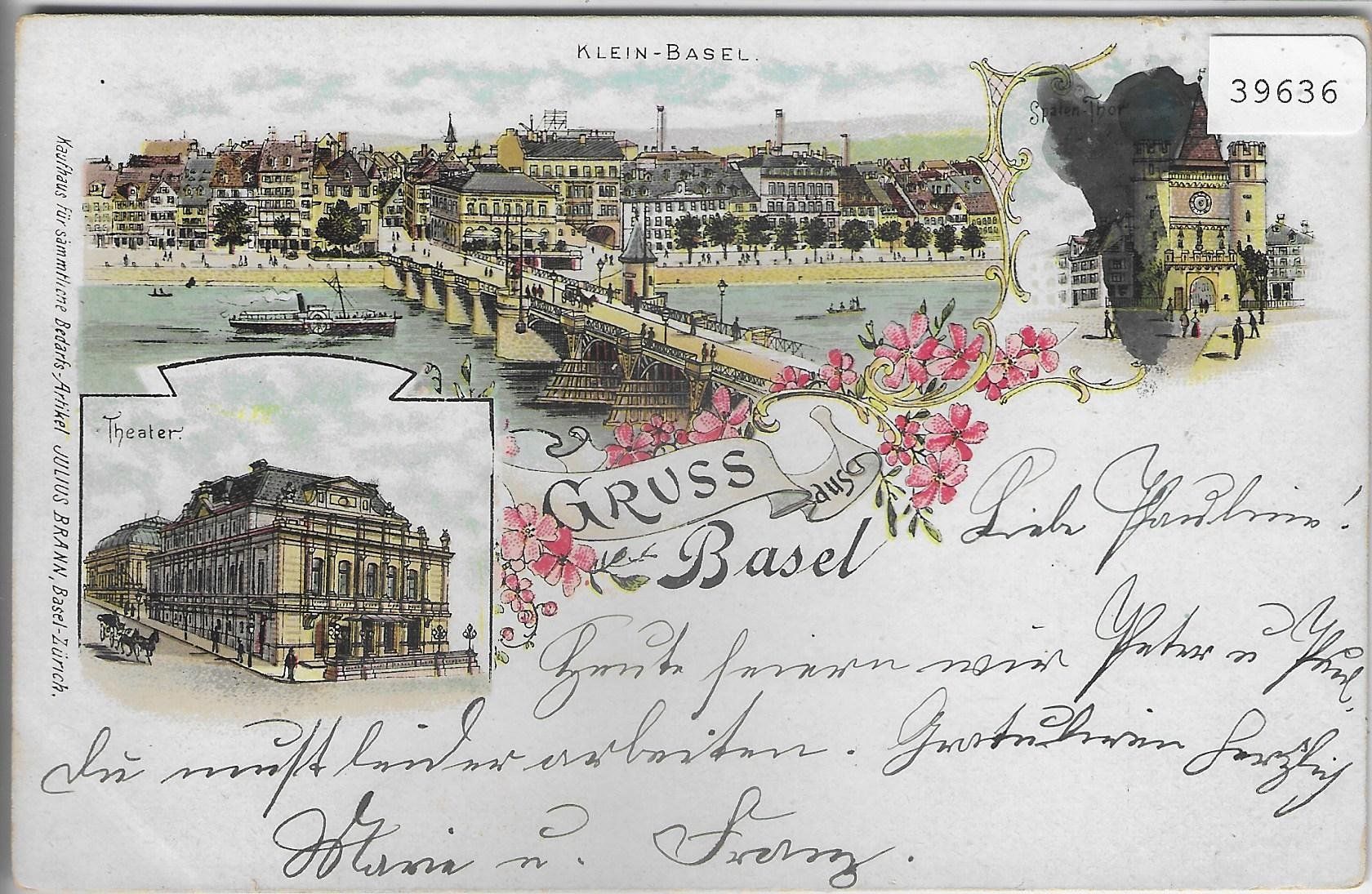 Cartoline postali: Gruss aus Basel - Klein-Basel, Theater - Litho – Usato da Ettingen venduto da Kartenplanet