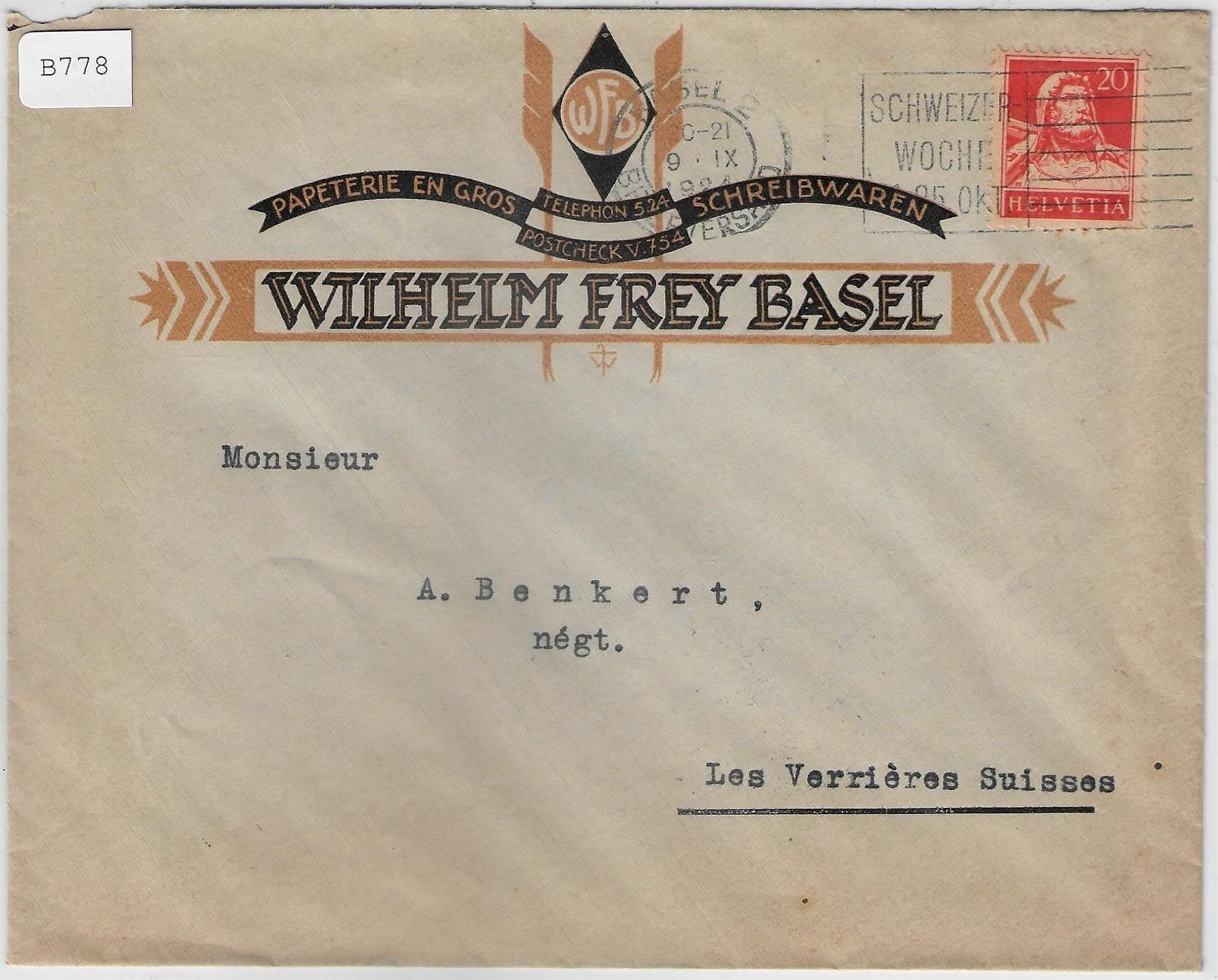 Cartoline postali: Basel 9.IX.1924 Wilhelm Frey Papeterie – Usato da Ettingen venduto da Kartenplanet
