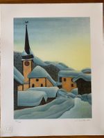 Lithographie Anton Mutter, Abendstimmung in Biel, Goms