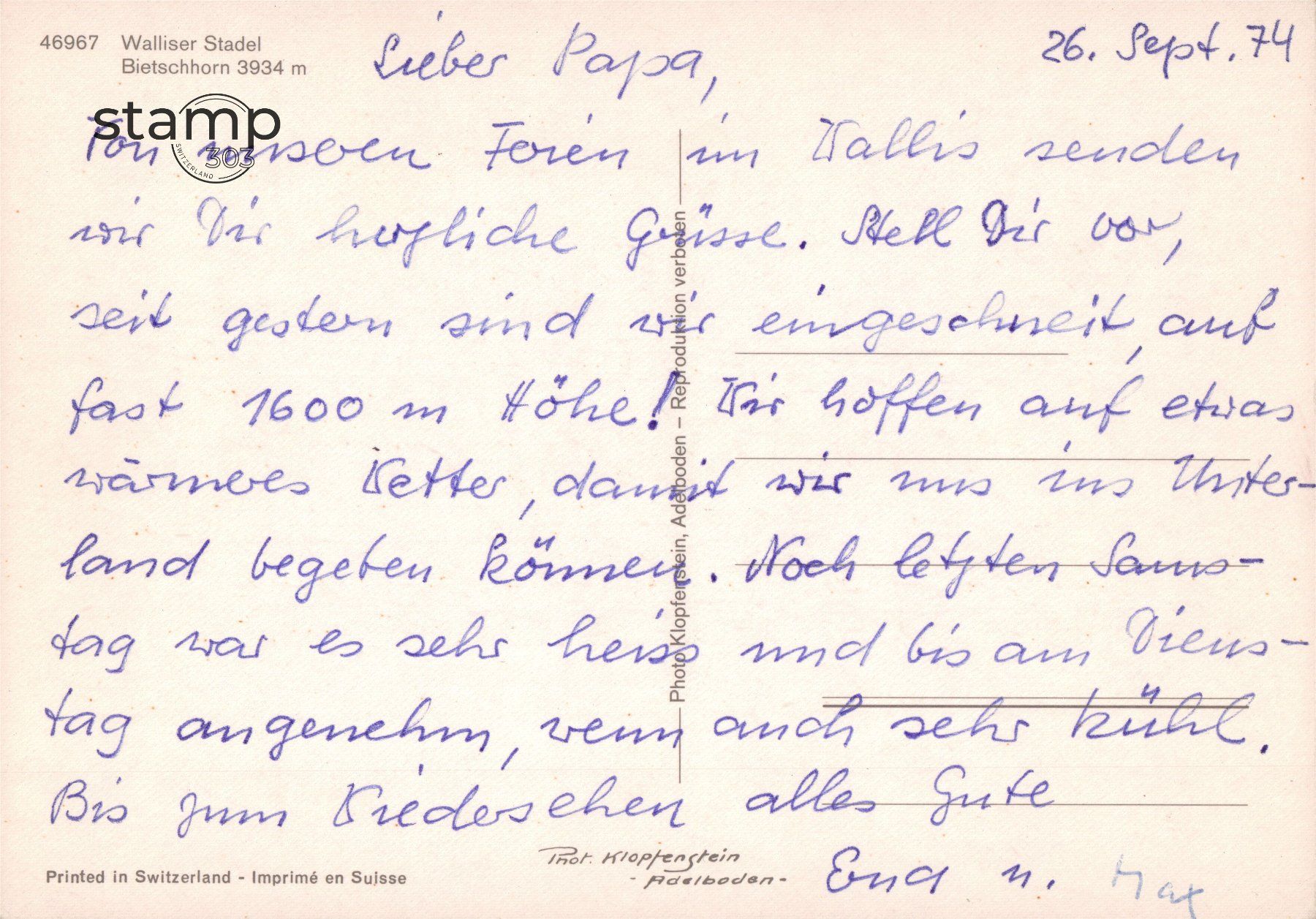 Cartoline postali: 1974 AK Walliser Stadel mit Bietschhorn – Usato da Eggersriet venduto da stamp303 1