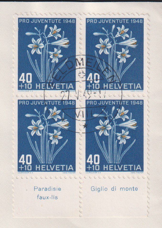 Tutti i francobolli: Pro Juventute Vierblock 40 Rp. 1948 / Eingeschrieben – Usato da Dällikon venduto da Minita 1