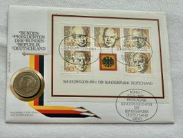 Briefmarken BRD mit 2 DM Münze Theodor Heuss, Top Zustand