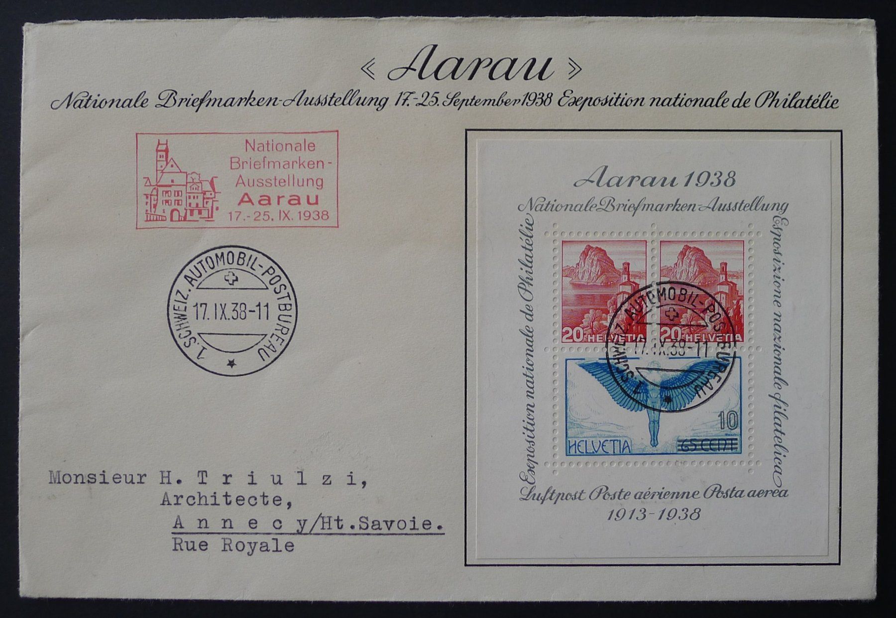 Alle Briefmarken: W11, Aarauerblock FDC 1938 nach Frankreich, Kat: 80.- – Gebraucht aus Ebikon von SilvioFreund