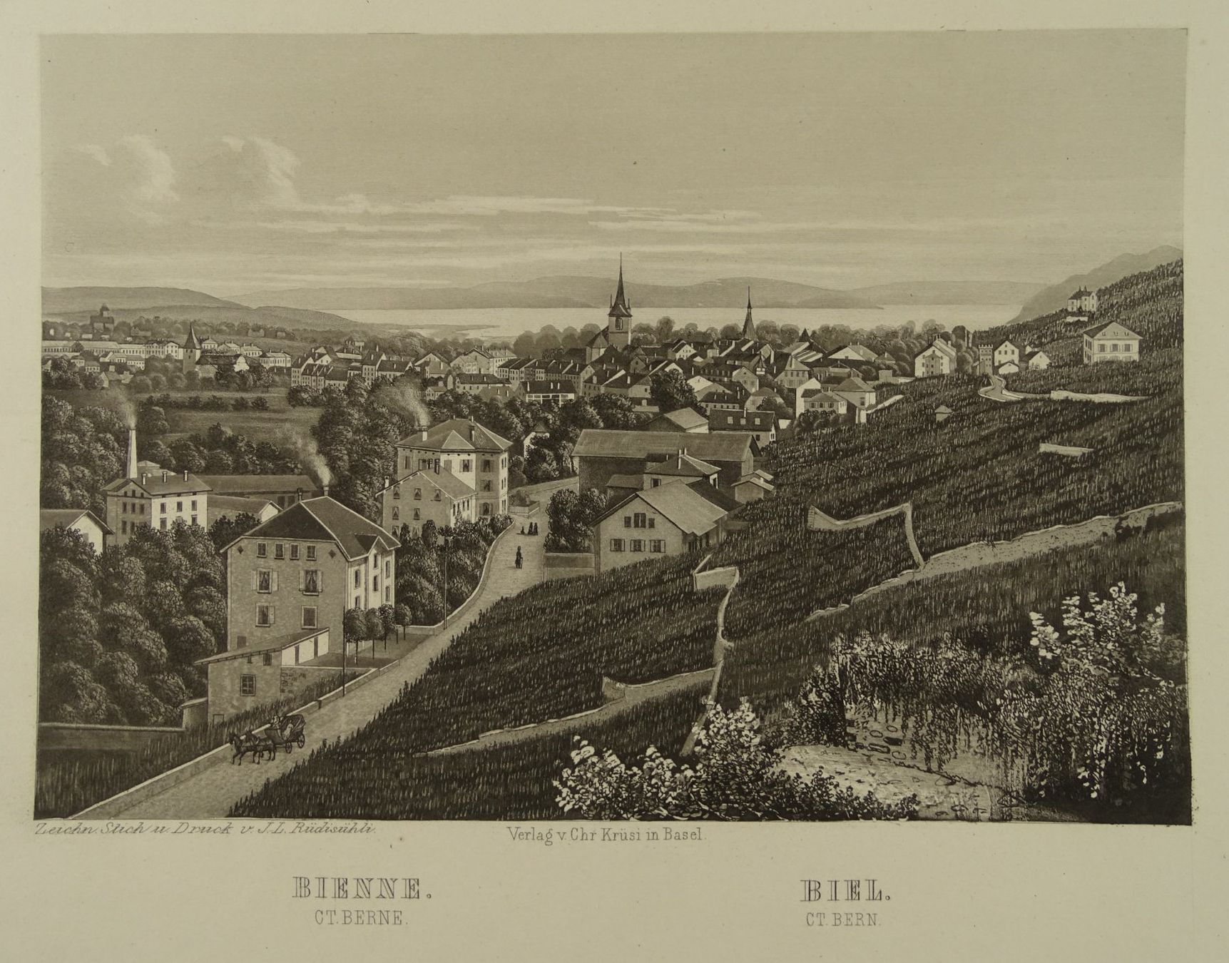 Incisioni: BIEL, BIENNE, STAHLSTICH UM 1870 – Usato da Grüningen venduto da Kartensammler
