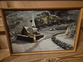 Winterliches Ölgemälde mit Kirche im Holzrahmen, alt!