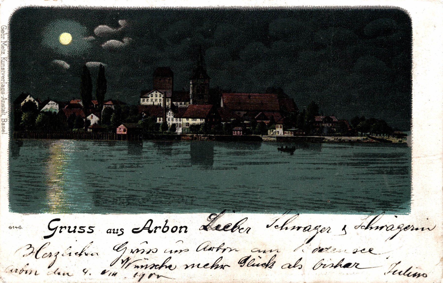 Cartoline postali: Gruss aus Arbon. Mondschein-Litho – Usato da Bronschhofen venduto da Astore