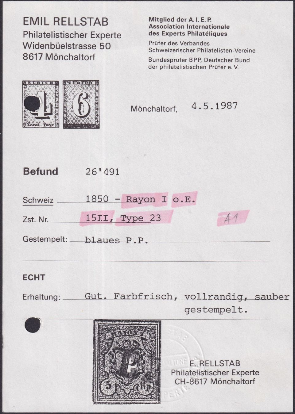 Tutti i francobolli: 15II.1.03 mit blauem P.P. von Solothurn, fehlerfrei +Befund – Usato da Sursee venduto da Luzernerraute 2