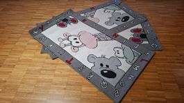 3 Kinderteppiche mit Tiermotiven und ABC grau, rosa