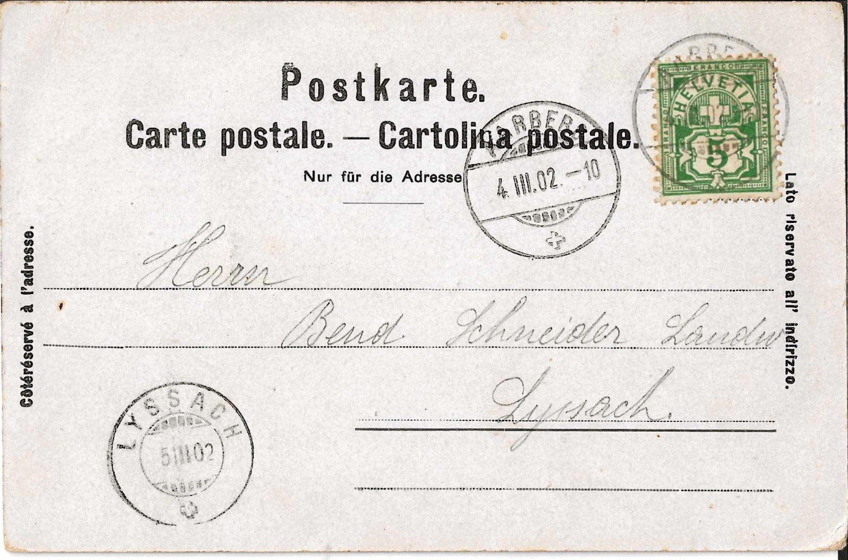 Cartoline postali: Karte Aarberg 1902 – Usato da Zürich venduto da Philacat11 1