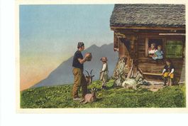 Schweizer Alpenleben, Alphütte mit Bauernfamilie, Kinder