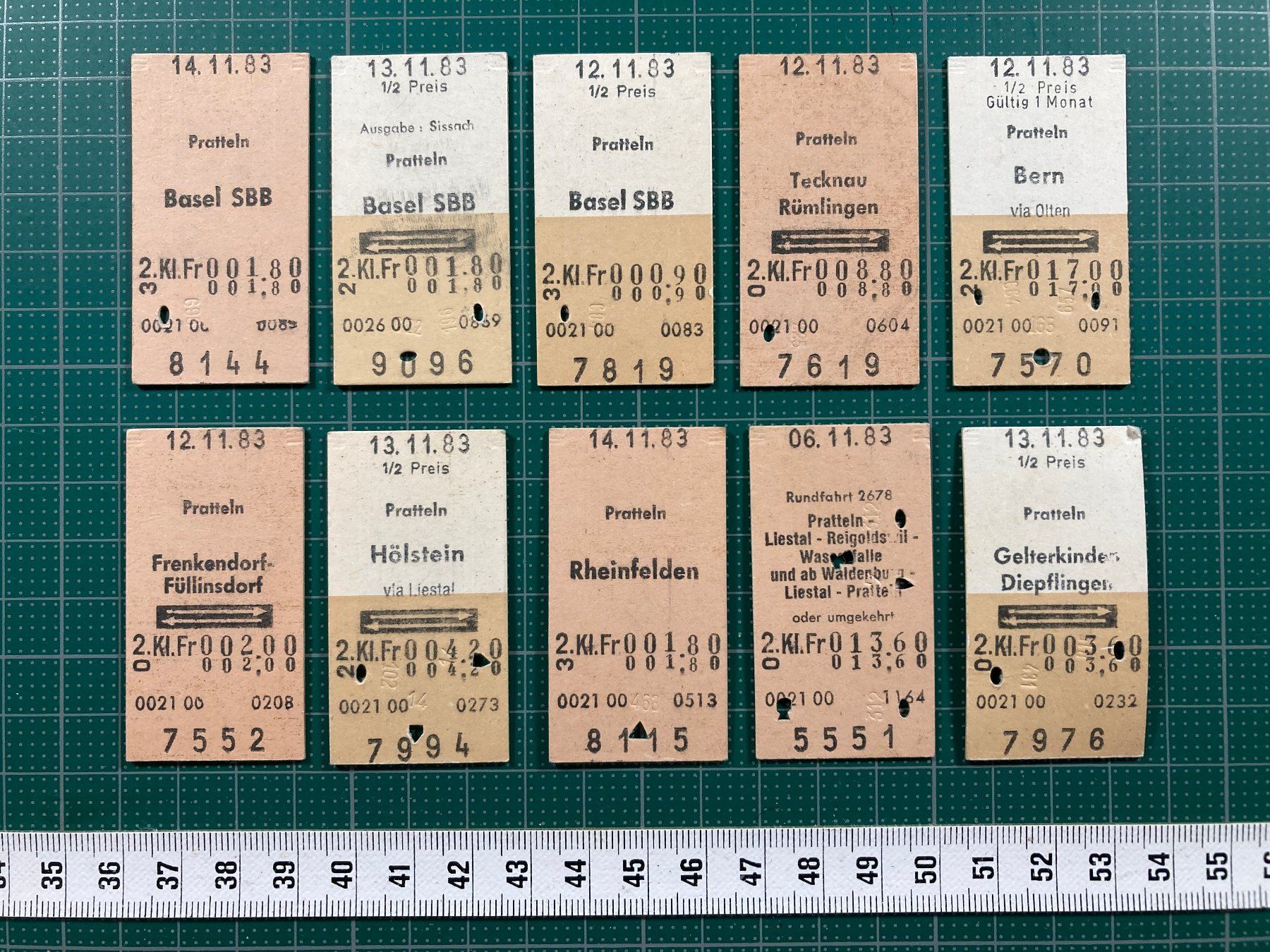 Tickets: Ab Pratteln, 10 alte Bahn Billette, SBB, 1983 – Gebraucht aus Lenzburg von fh1