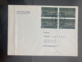 Schweiz 1947 Ersttagsbrief 4er-Bl.5 Rp. 100 J. Eisenbahn SSt