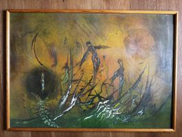 Tableau, peinture abstraite, ambiance mystérieuse et verte.