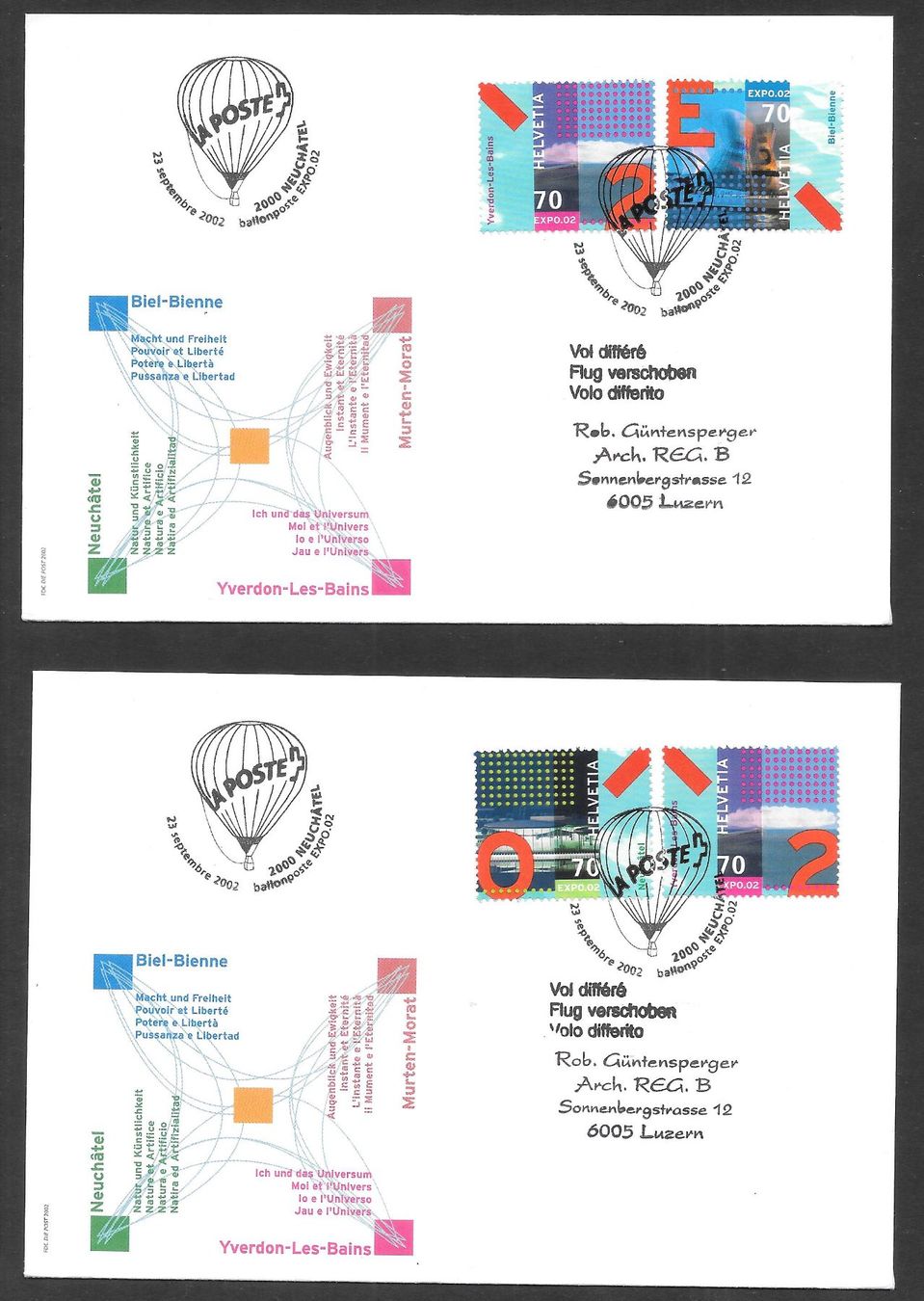 Tous les timbres: 2 Ballonpostbriefe 1041-1044 S 1834 Expo Neuchâtel 23.9.2002 – Neuf (Voir description) à Olten par clotaldi