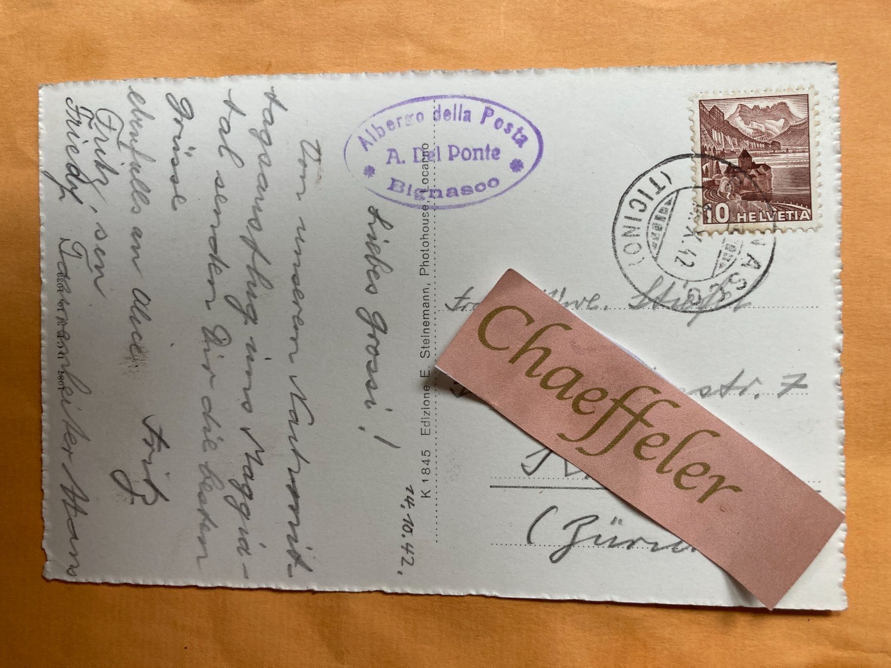 Cartoline postali: 1942 Bignasco.  Valle Maggia – Usato da Zürich venduto da Chaeffeler 1