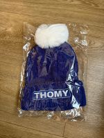 Warme, neue THOMY Senf Wintermuetze mit Bommel, Farbe Blau