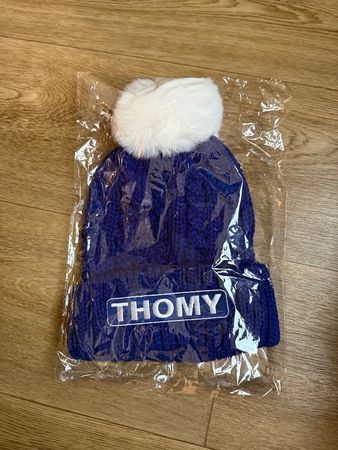Warme, neue THOMY Senf Wintermuetze mit Bommel, Farbe Blau