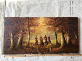 Peinture à l'huile scène de chasse à courre en forêt