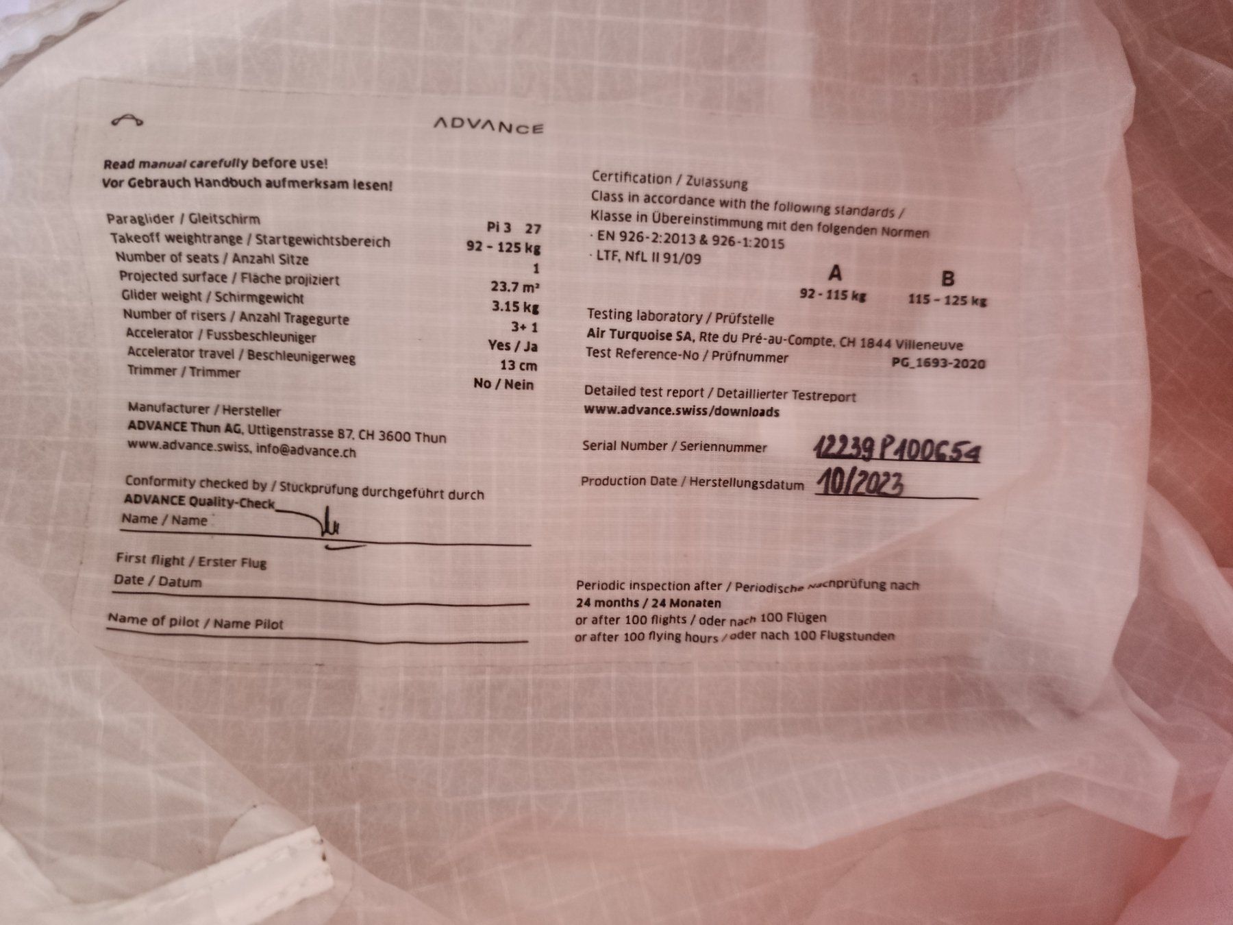 Sport dell'aria & Aquiloni: Advance PI 3.27 – Usato da Altenrhein venduto da torkost 8
