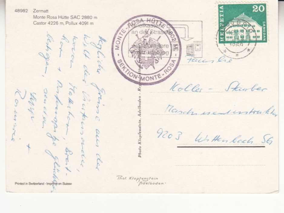 Cartoline postali: Zermatt Monte Rosa 1969 – Usato da Bürglen TG venduto da StampGraf 1