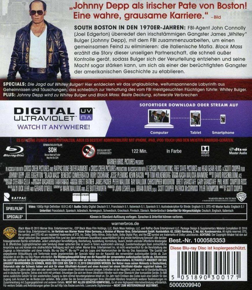 Tutti i DVDs: Black Mass (2015) Johnny Depp/Cumberbatch/Edgerton/Bacon/BD – Usato da Volketswil venduto da cinephilia 1