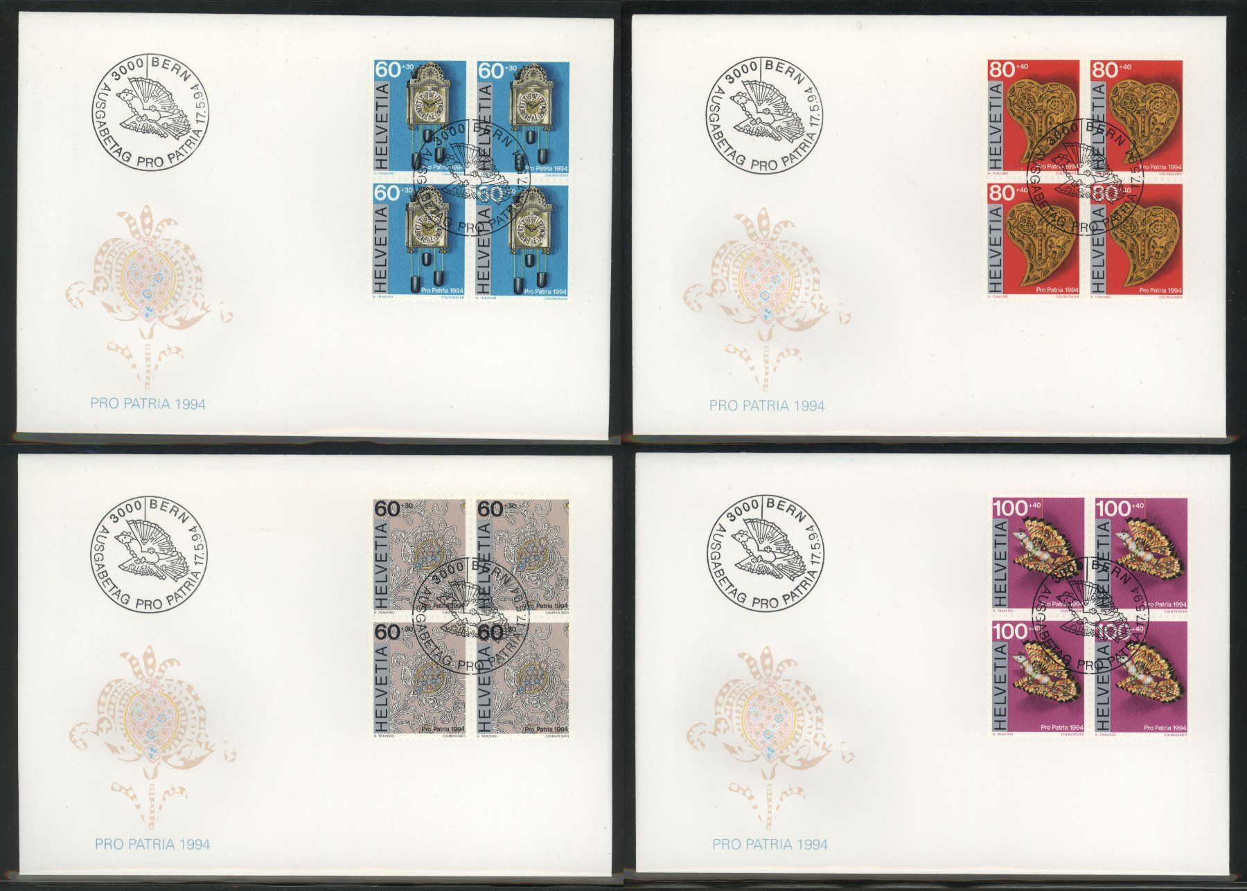 Tutti i francobolli: 1994, Pro Patria, FDC, Viererblöcke – Usato da Willisau venduto da Vollstempel