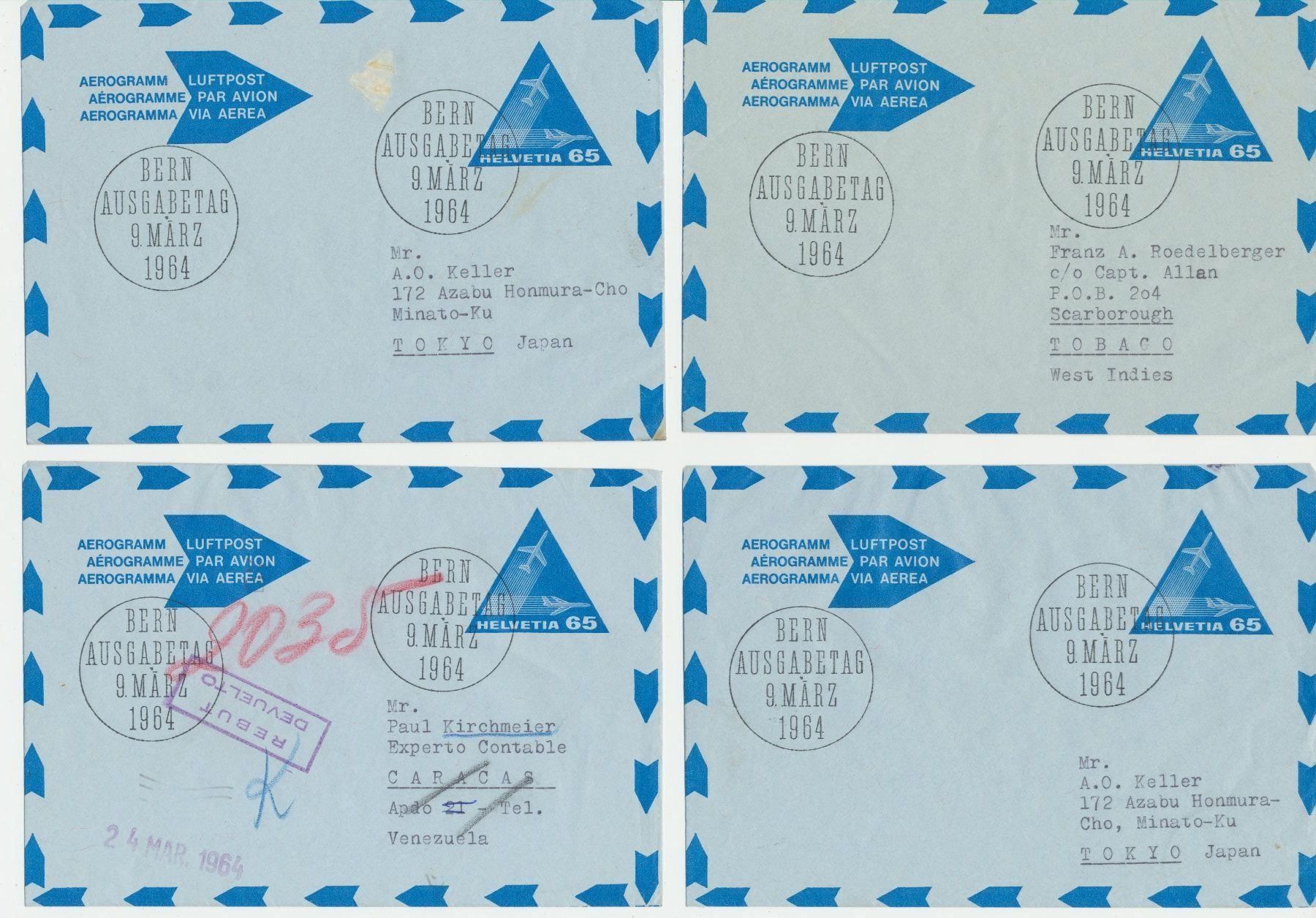 Tutti i francobolli: 1964  7 Stk. Aerogramme FDC – Usato da Schnottwil venduto da Chasarmar 1