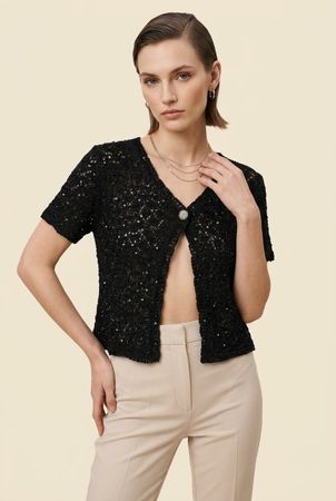 Gilet Crochet Noir Sequins Manches Courtes T. M