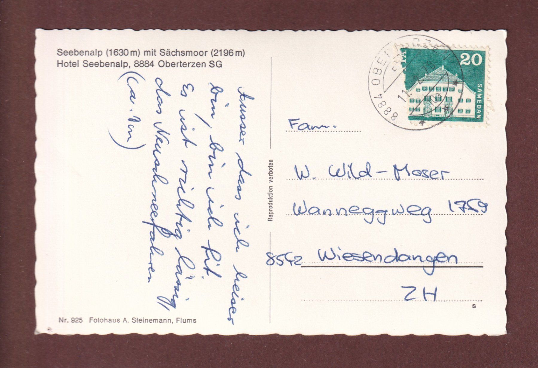Cartes postales: SEEBENALP - Sächsmoor - 1970 – D'occasion à Pully par nicecards-shop 1