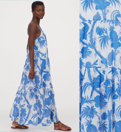 Langes Boho Kleid Trägerkleid Sommerkleid blau-weiss