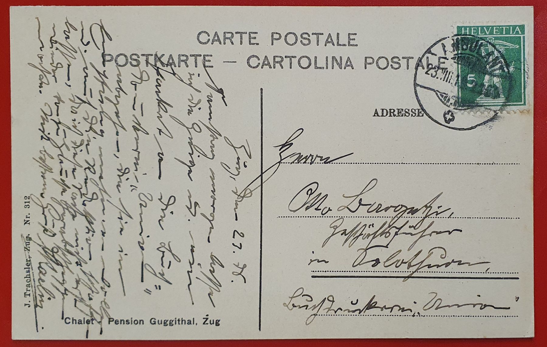 Cartoline postali: Zug, Chalet - Pension Guggithal – Usato da Kreuzlingen venduto da Rschweiz1 1