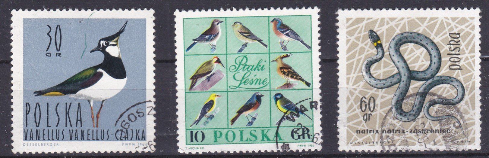 Tutti i francobolli: 3 Timbres Pologne 1964 Oiseaux / Serpent obl. – Usato da Blonay venduto da Leglaude_01