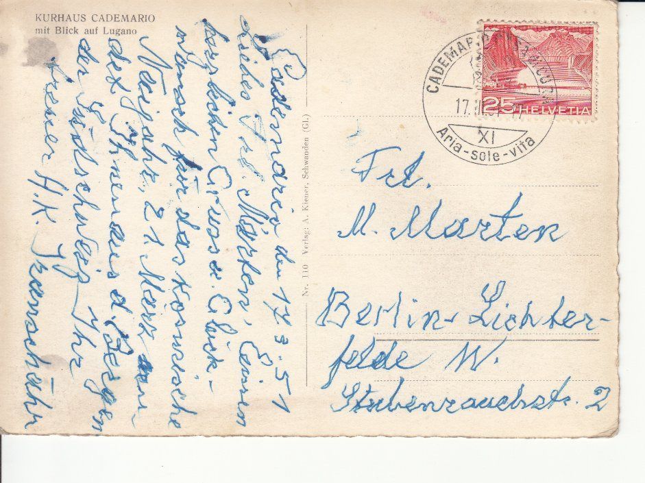 Ansichtskarten: Cademario 1951 – Gebraucht aus Bürglen TG von StampGraf 1