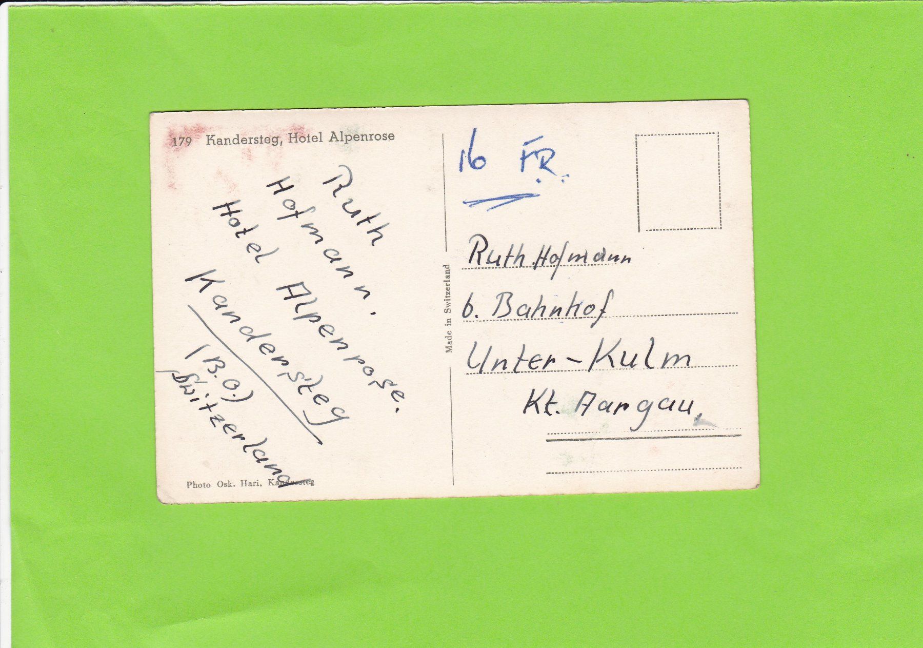 Cartoline postali: Kandersteg, Hotel Alpenrose – Usato da St. Peterzell venduto da neckertal 1